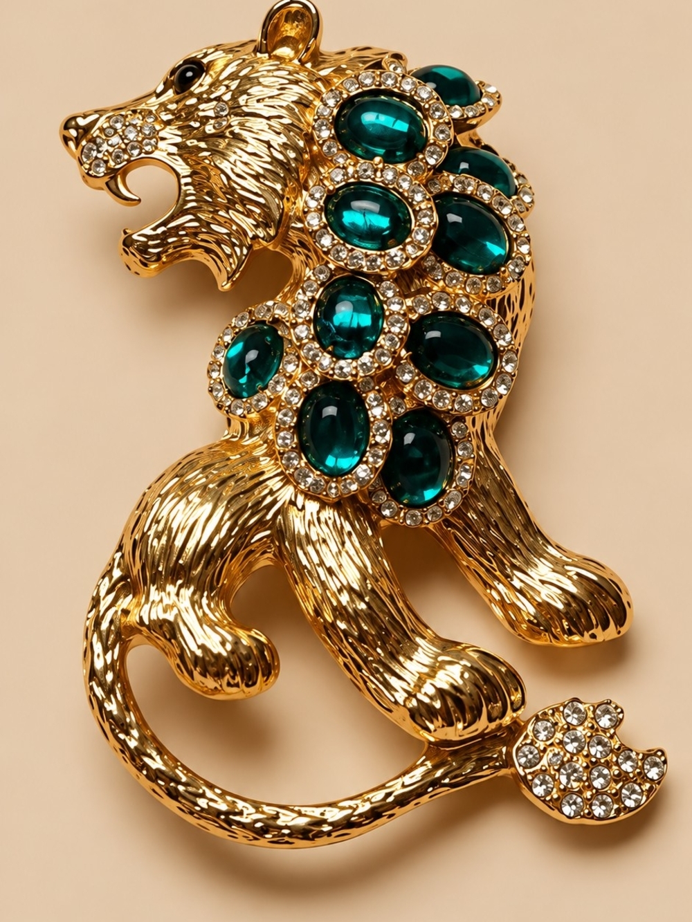 Emerald Green Rhinestone Gold-Tone Lion Statement Brooch